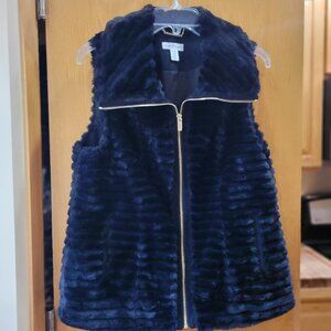 Calvin Klein Black Faux Fur Vest w/Gold Zipper Size Medium EUC